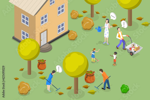 3D Isometric Flat Vector Conceptual Illustration of Weekend Yardwork Cleanup, Raking Garbage