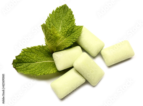 Heap of fresh chewing gums with mint on white background