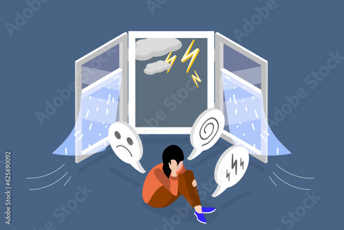 3D Isometric Flat Vector Conceptual Illustration of Fear Of Thunderstorm, Anxiety and Panic Attack