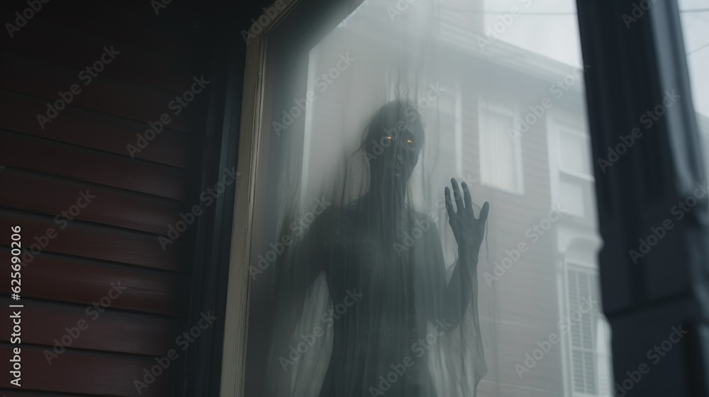 A dark spirit with burning eyes looks at you from behind the tulle on the window. Fear concept. Horror scene. Generative AI illustration for design.