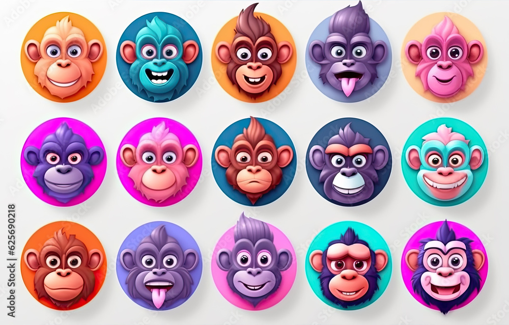 Set of colorful badges of ape persons, avatars, monkey heads of different age for profile page, social network and social media, created with Generative AI