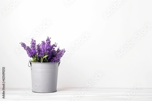 Mockup on a white background with a white piece of paper and some summer flowers in a metal bucket.