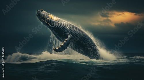 Humpback whale jumping out of the water and ready to fall on its back. At sunset. Seascape with ocean waters and cloudscape. Generative AI illustration for cover, postcard, interior design or print. © Login