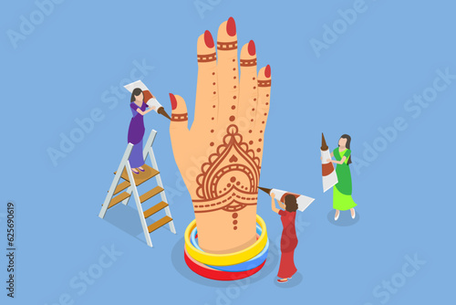 3D Isometric Flat Vector Conceptual Illustration of Mehndi, Indian Body Art