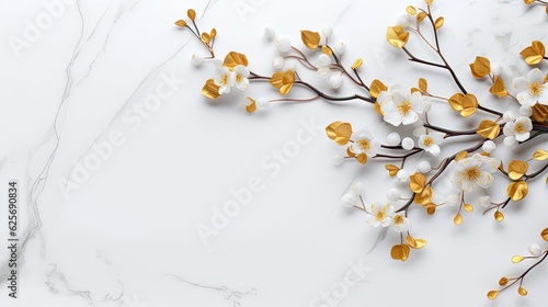 A top view of a white marble background with delicate golden vines entwined with vibrant blossoms, providing negative copy space. Wedding, wallpaper. Generative AI. 
