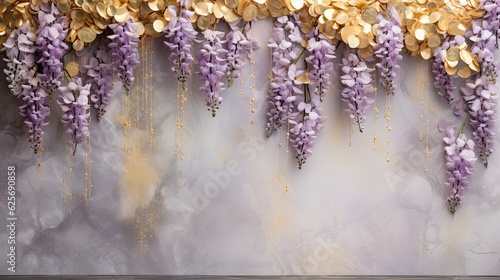 An enchanting marble background in shades of lavender and gold, adorned with cascading wisteria blooms and delicate golden accents, providing negative copy space. Floral wallpaper. Generative  AI.  © Dannchez