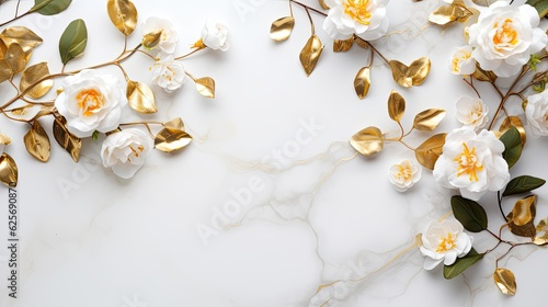 A top view of a luxurious wedding marble background with a mix of white and golden roses, accentuated by intricate golden vines, and providing negative space for your text or branding. Generative AI. 