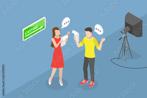 3D Isometric Flat Vector Conceptual Illustration of Casting, Actor Reading Script