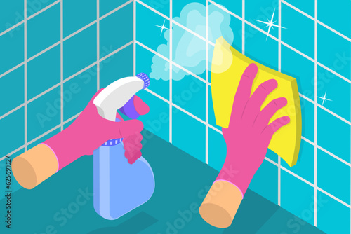 3D Isometric Flat Vector Conceptual Illustration of Housekeeper, Cleaning and Disinfection