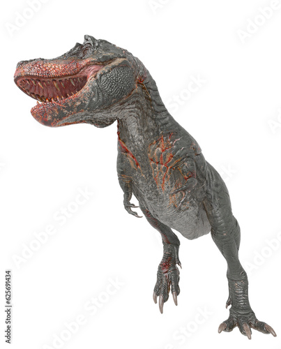 t-rex on blood is standing up in white background
