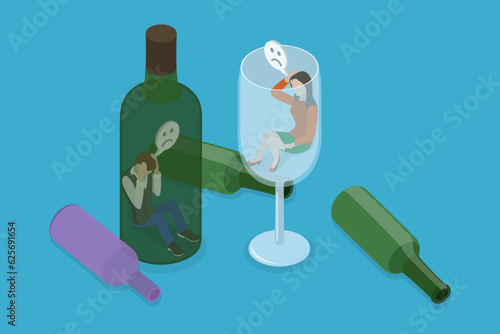 3D Isometric Flat Vector Conceptual Illustration of Addiction To Alcohol , Alcoholism