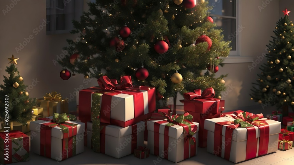 christmas gifts under a christmas tree on christmas day Day. Created with generative AI.