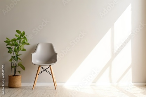 Mockup of a flat wall inside with a minimalist chair and a green houseplant in a pot. Background with earthy neutral tones. Light and airy interior with a wooden floor