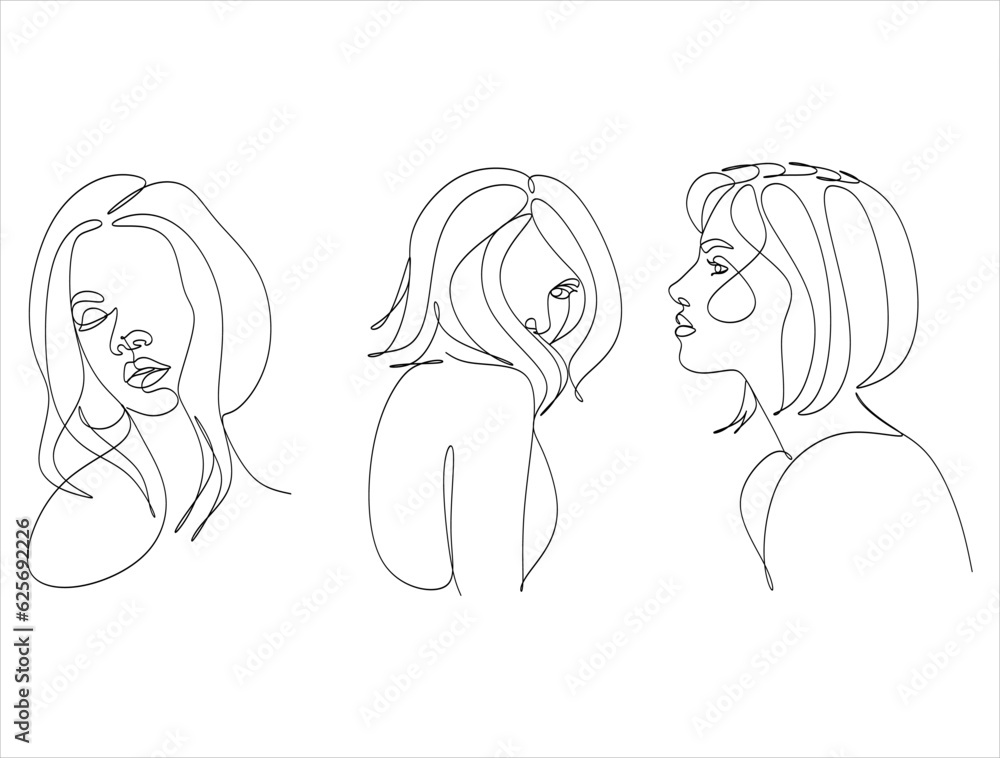 Continuous line drawing of faces and hairstyles set, fashion concept, woman beauty minimalist, vector