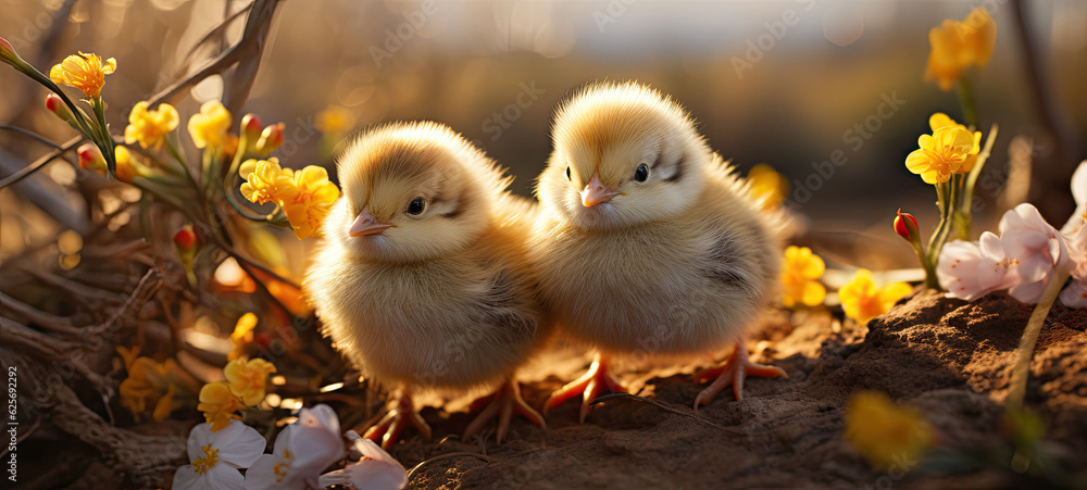 two Cute baby easter chick in nature