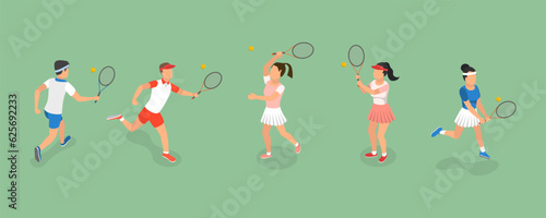 3D Isometric Flat Vector Set of Tennis Players, Summer Sport