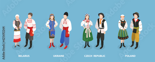 3D Isometric Flat Vector Set of Europeam Tradition Clothes, Belarus, Ukraine, Czech Republic, Poland