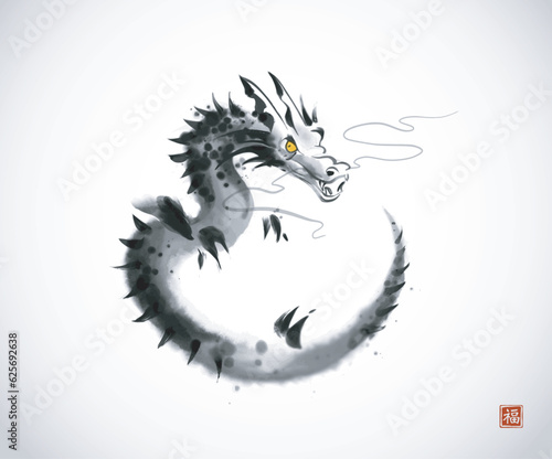 Ink wash painting of curled up dragon in oriental style. Traditional oriental ink painting sumi-e  u-sin  go-hua. Symbol of the chinese new year 2024. Translation of hieroglyph - good luck