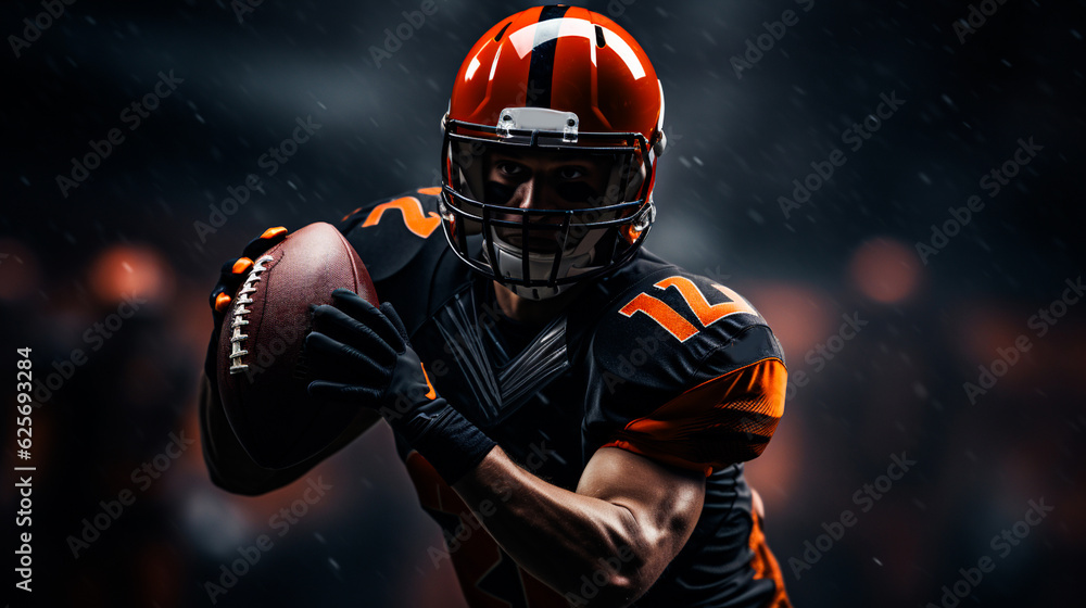 American football player at the stadium in black and orange outfit. Generative AI