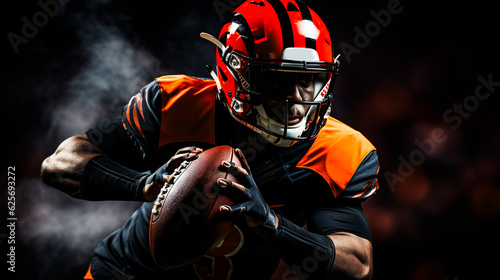 American football player at the stadium in black and orange outfit. Generative AI © Nataliia
