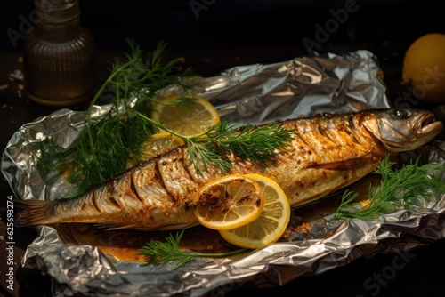 Generated photorealistic image of smoked mackerel on foil