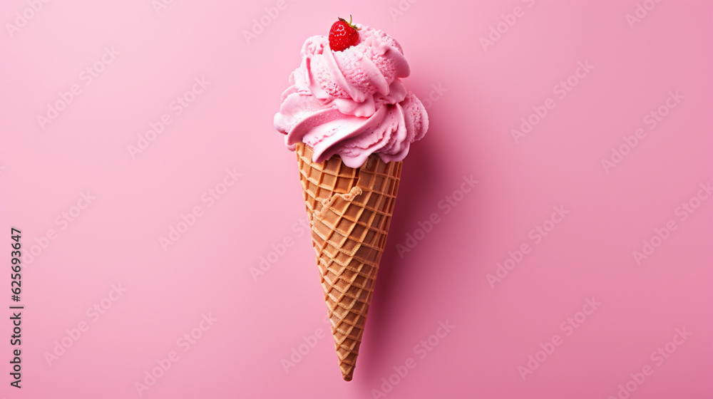 strawberry ice cream cone on background Generative AI strawberry ice cream cone on background Generative AI