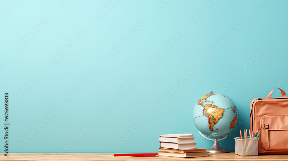 Back-to-School blue banner, background for your text, table white books and terrestrial globes, teacher leather bag, pencils, perfect school banner, copy space, AI  - obrazy, fototapety, plakaty 