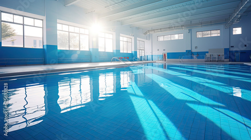sunlit swimming pool in an indoor space, empty design, blue water and bright and clean visual, sport background concept, sport in school, AI © THINGDSGN