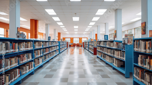 library filled with rows of books for learning and exploration, empty library wallpaper, AI