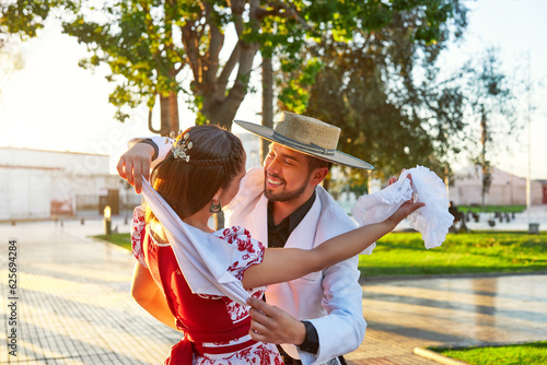 Tela portrait latin american man hugs a woman dressed as huaso dancing cueca in the s