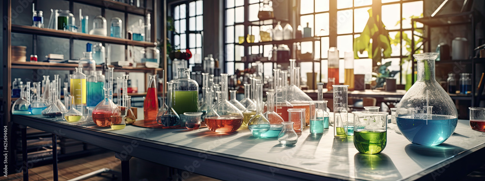 colorful array of liquids in flasks on a desk in a laboratory lit by a setting sun from a window in the background, drop shadow, and cinema effect, back-to school banner, AI 