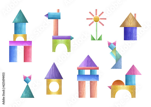 Set of watercolor wooden bricks isolated on white background. tangram geometric puzzles. Towers, Flowers, Cats, Horse. Eco-friendly material. For the design of baby cards, children holiday