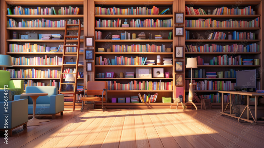 Illustration of a cozy and well-stocked library room with bookshelves and comfortable furniture, students learning and information background, AI Illustration of a cozy and well-stocked library room with bookshelves and comfortable furniture, students learning and information background, AI