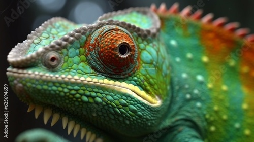 Close-up of a vibrant green chameleon, Generative AI.