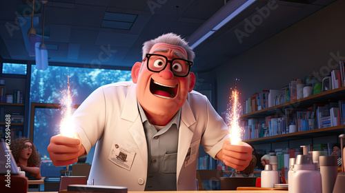 Illustration of a science teacher conducting a chemistry experiment with sparklers, mad scientist, funny cartoon character in laboratory, back to school banner, AI photo