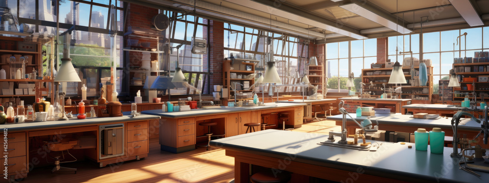 classroom filled with laboratory equipment on desks and large windows, perfect for a physics-chemistry class, panoramic view, cartoon illustration style, messy lab, AI 