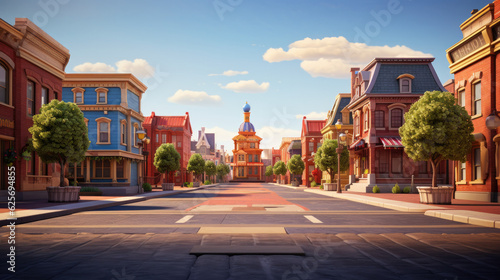 city street with a picturesque clock tower in the distance, sunset atmosphere, empty cartoon wallpaper, AI