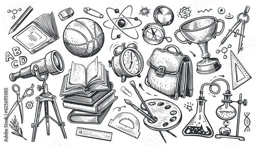 Set of school supplies. Vector illustration in hand drawn doodle style. Back to school, concept
