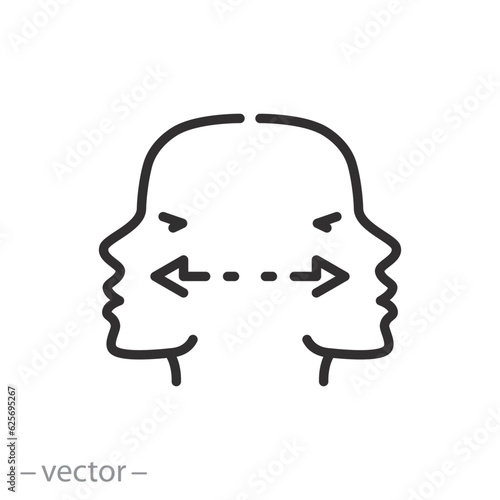 split personality icon, human dual, mental health, turned two heads, thin line symbol - editable stroke vector illustration