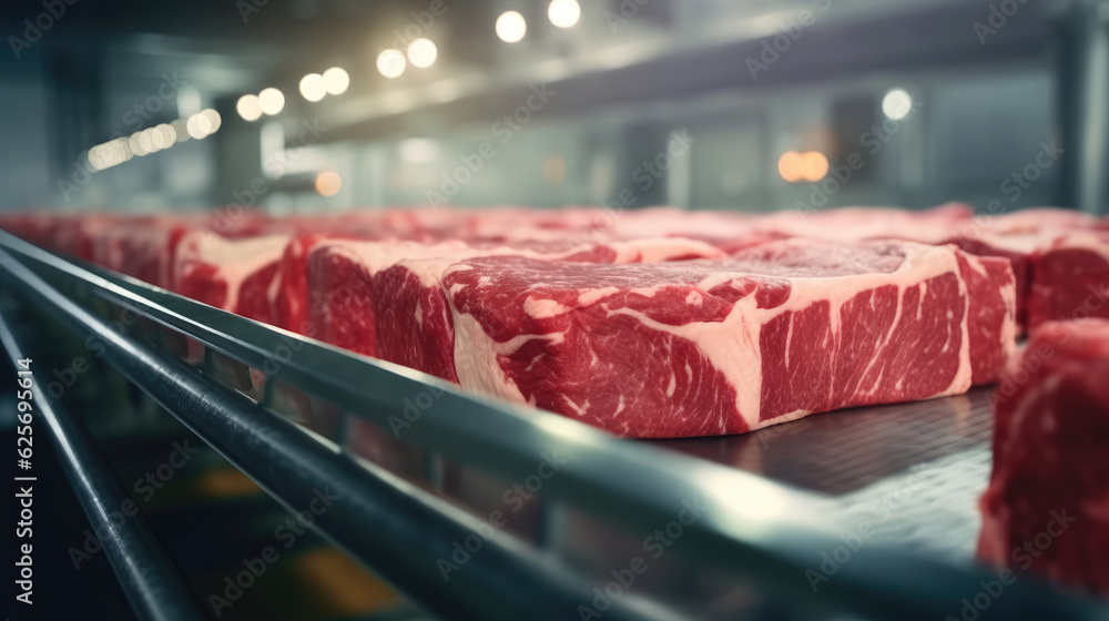 Wagyu beef processing plant, beef on the conveyor belt Wagyu beef processing plant, beef on the conveyor belt