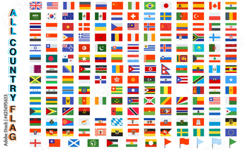 All world flags - vector set of rectangular icons. Flags of all countries.World national waving flags. Official country signs with names, countries flag banners. International travel symbols, geograph