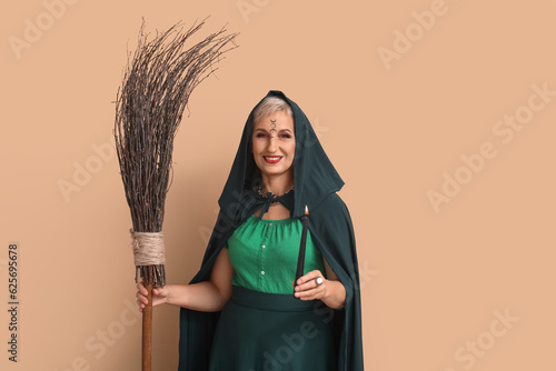 Mature witch with broom and...