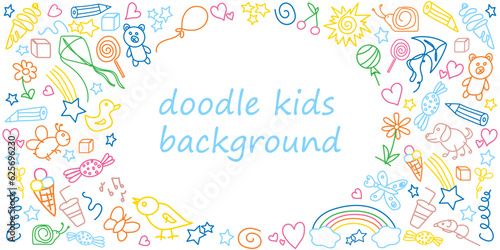 Kids doodle background. Horizontal frame template with children's colorful drawings. Outline drawn cartoon elements