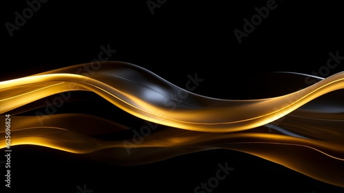 Long exposure light painting photography, curvy lines of vibrant neon metallic yellow gold against a black background Generative AI