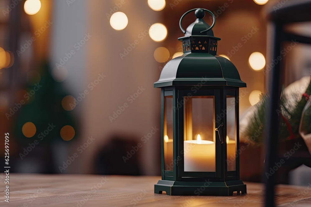 Christmas decorations and a blurred lantern with a lit candle Christmas decorations and a blurred lantern with a lit candle