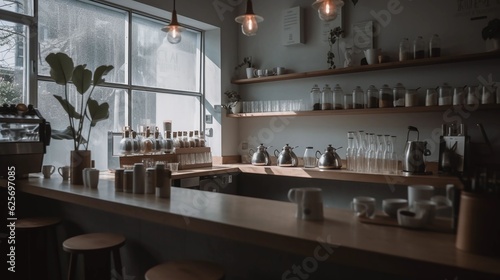 Storefront of a tiny clean and minimalistic coffee shop, Scandic, Industrial, Interior