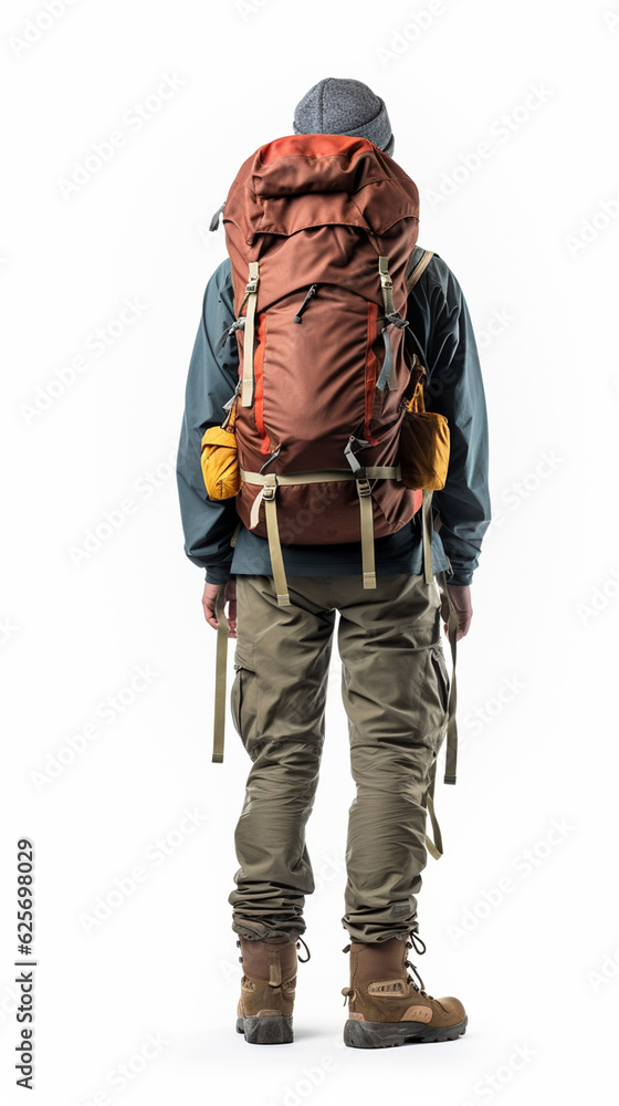rear view of man hiker with backpack isolated on white background. mountain climber. rear view of man hiker with backpack isolated on white background. mountain climber.