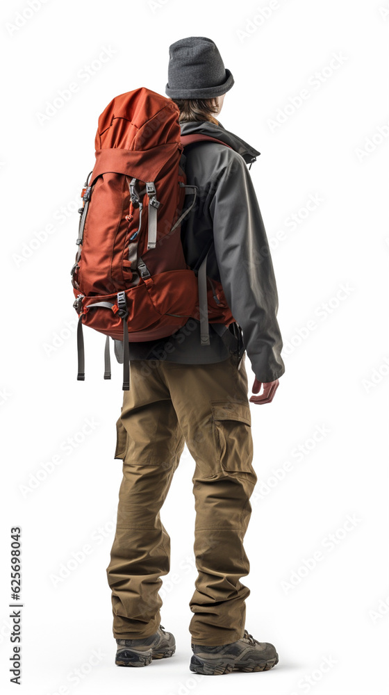 rear view of man hiker with backpack isolated on white background. mountain climber.