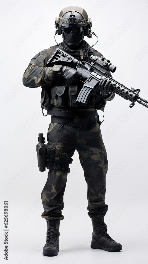 special force army with full gear posing in front of white background