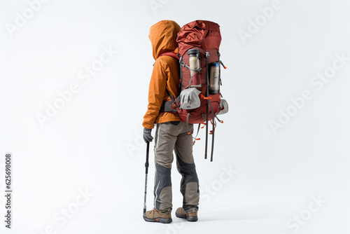 rear view of man hiker with backpack isolated on white background. mountain climber.